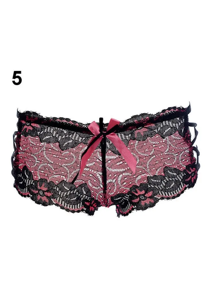 Women's Hollow Lace Bowknot Hipster Panties Cross Straps Briefs Underpants Rose Red