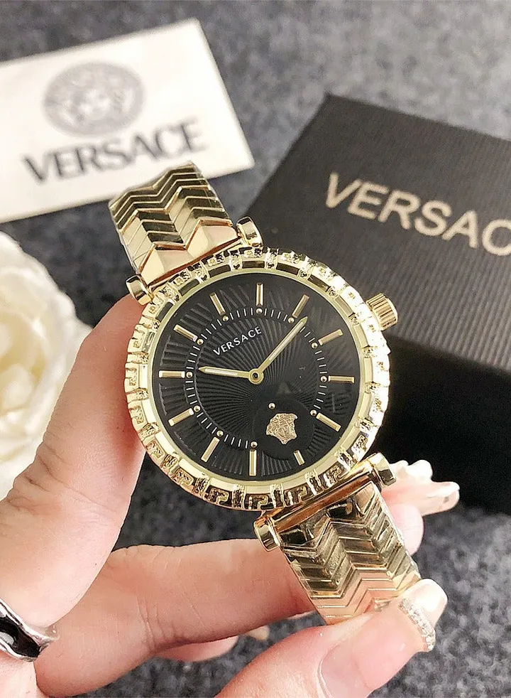 Versace Women's Cubic Zirconia Classic Fashion Versatile Round Quartz Watch with Gold Stainless Steel Strap 37mm Gift