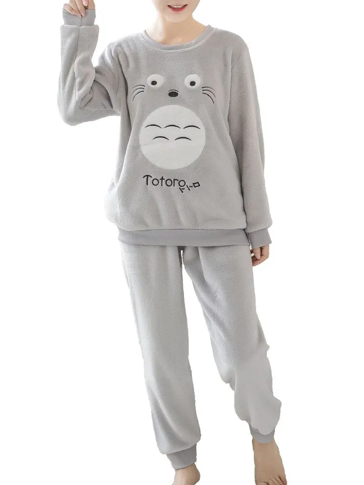 Women's Pajama Set Sweet O Neck Long Sleeve Cute Cartoon Pattern Thicken Home Suit Grey