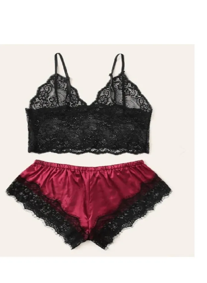 Women Satin Pajama Cami Set Silky Lace Nightwear 2 Piece Lingerie Short Sleepwear.