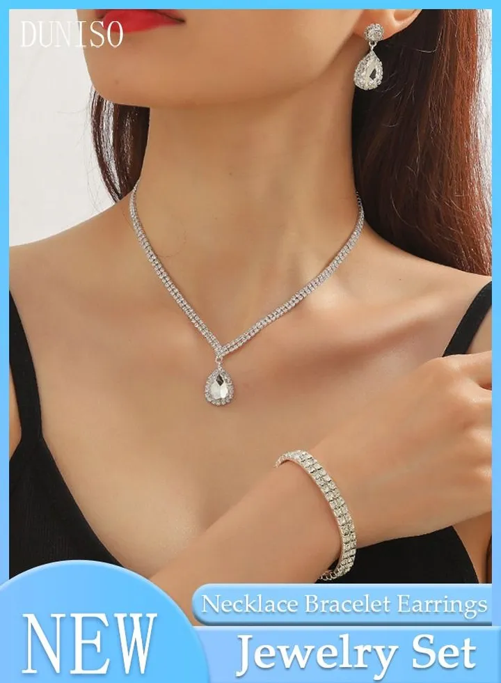 3Piece Necklace Bracelet and Earrings Set Full Diamond Necklace Pendant Crystal Earrings Wedding Bridal Bridesmaid Costume Jewelry Set for Women and Girls Dress Accessories