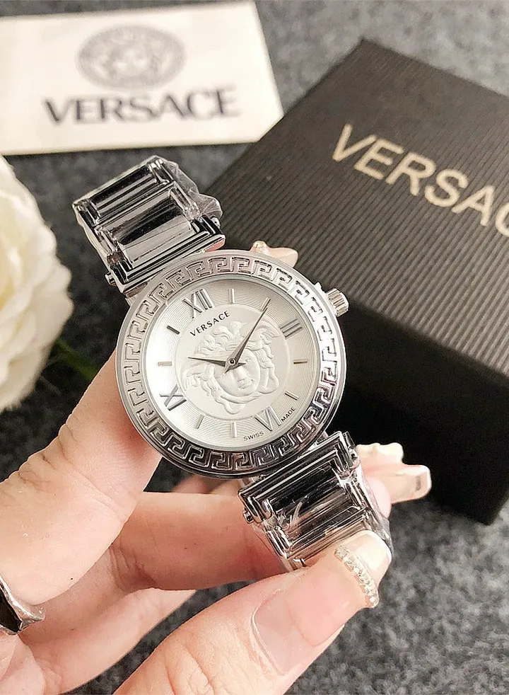 Versace Women's Cubic Zirconia Classic Fashion Versatile Quartz Watch with Silver Stainless Steel Strap 32mm White dial Gift