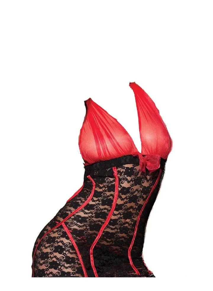 Women Floral lace Halter Dress with Garter And Stockings Lingerie Night Wear .