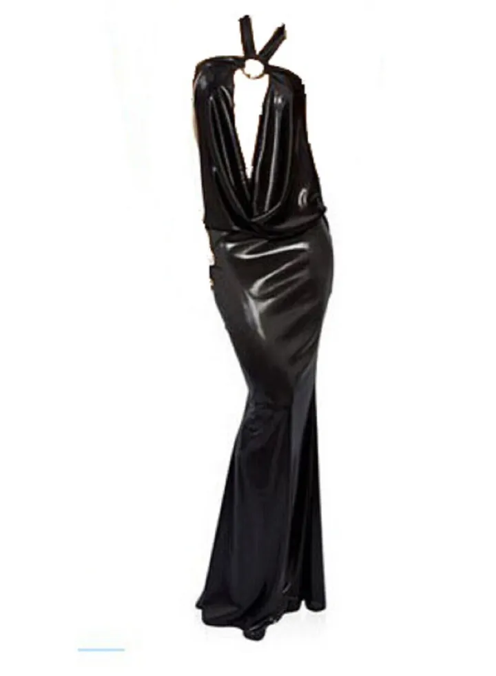 Soft Faux Leather Backless Babydoll Long Night Dress Playing Lingerie