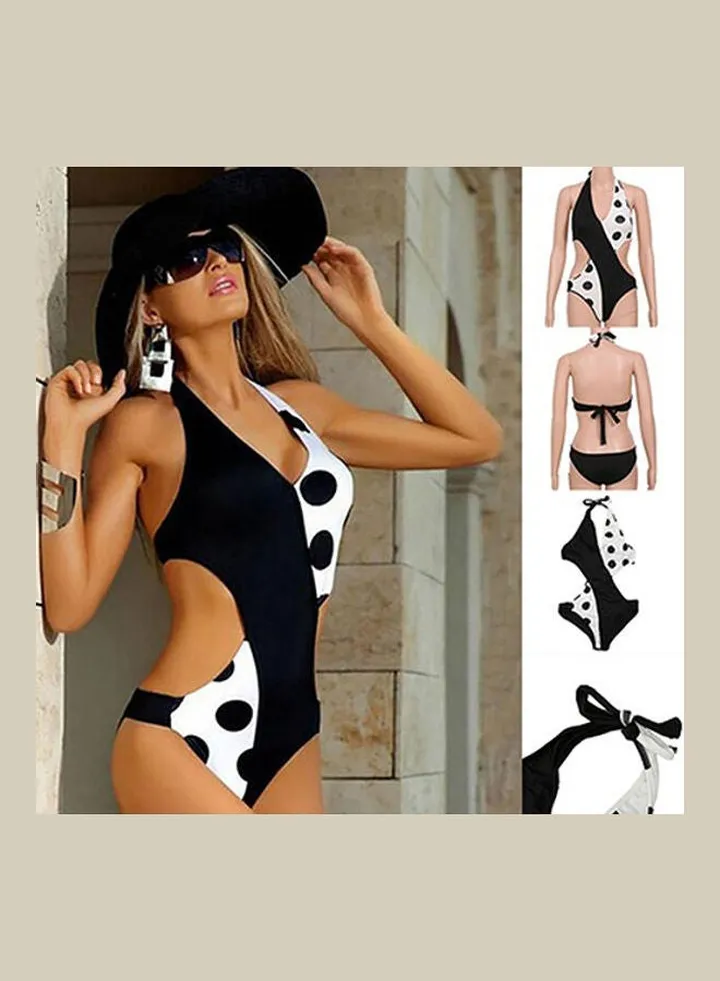 Women's Fashion Polka Dot Swimwear Summer Monokini One-Piece Bikini Black White