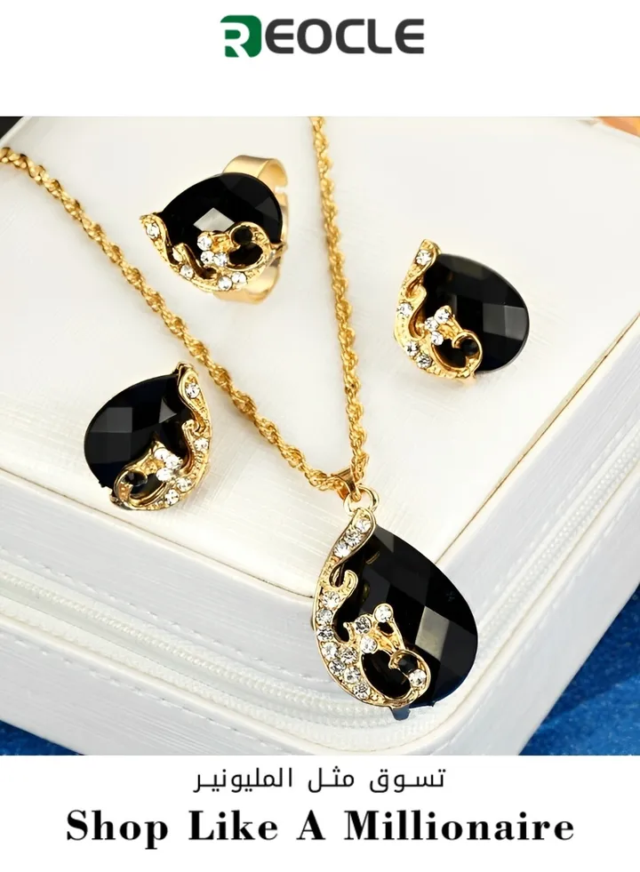 Real Gold-plated Austrian Crystal Drop Peacock Three-piece Set Pendant Necklace Earrings Ring Set for Women