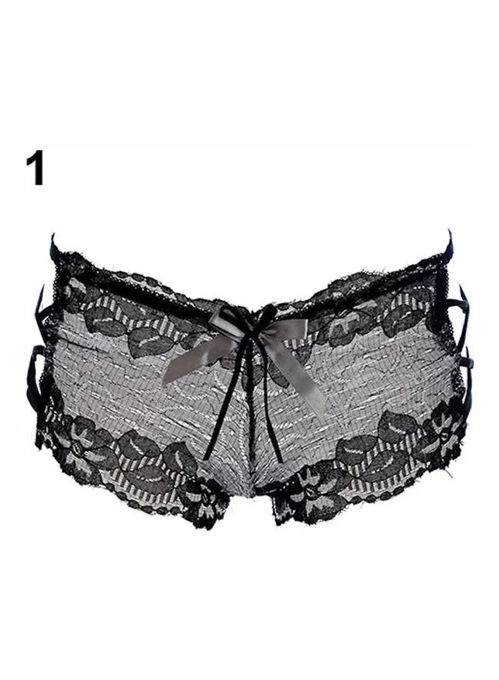 Women's Hollow Lace Bowknot Hipster Panties Cross Straps Briefs Underpants Black