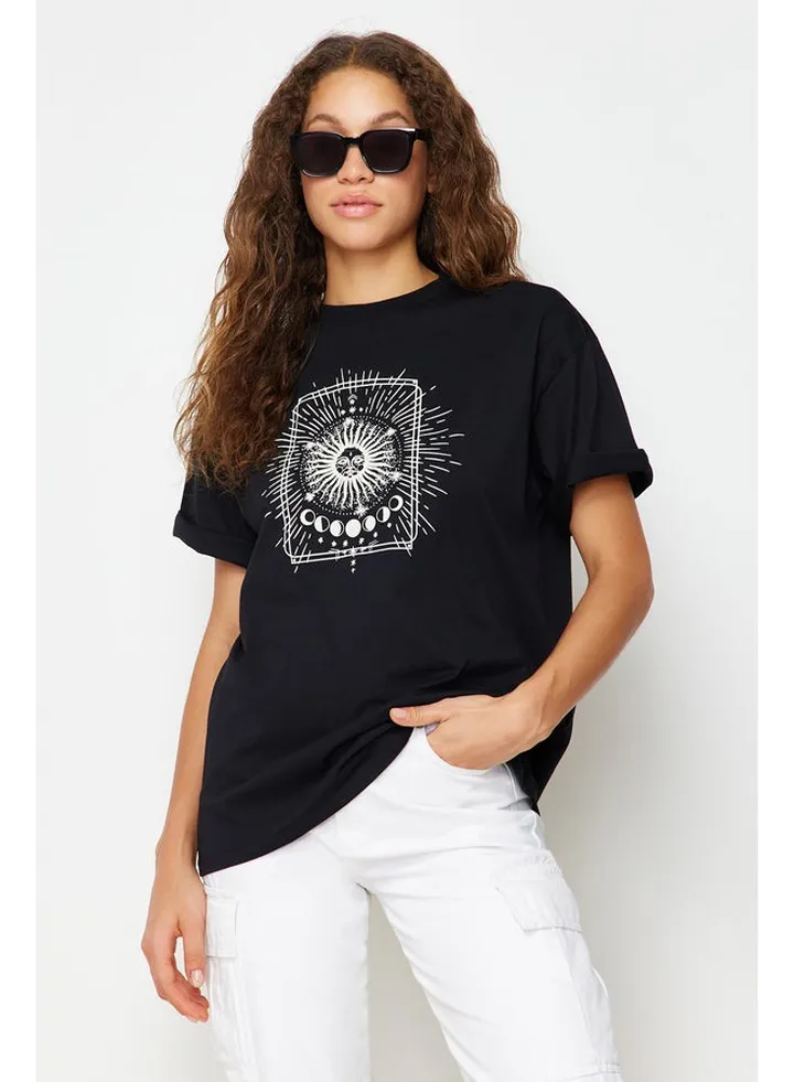 Black 100% Cotton Crew Neck Printed Boyfriend Knitted T-Shirt