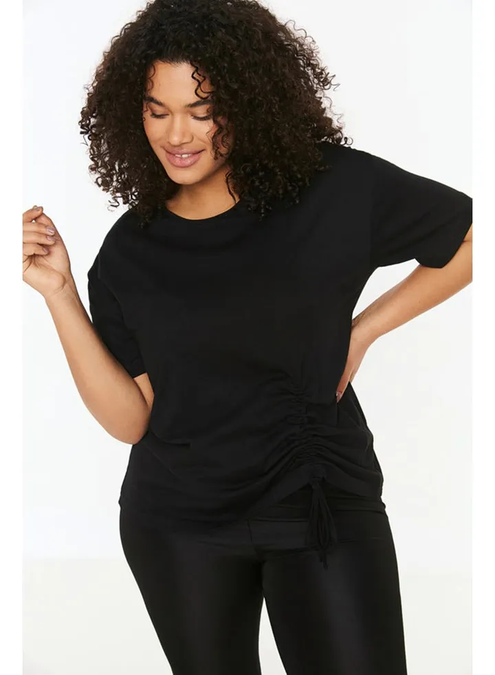 Black Gather Detailed Knitted T-Shirt TBBSS22TS2293