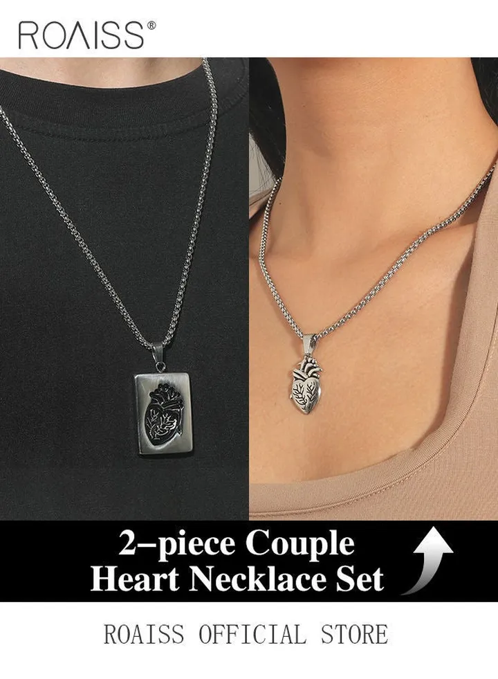 2 piece unisex Stainless Anatomical Necklace Heart Pendant Steel Men's Women's Accessory