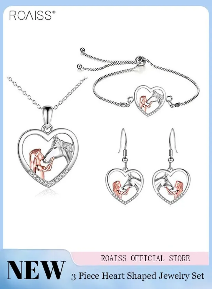 3 Piece Necklace Set Personality Color Contrast Gold Girl And Silver Horse Necklace Bracelet Earrings Combination Diamond Set Jewelry Set