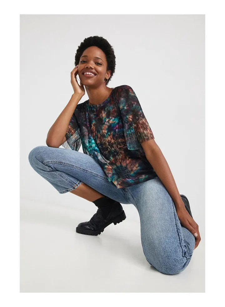 Casual Polka Dot Short Sleeve Round Neck T_Shirt Blue