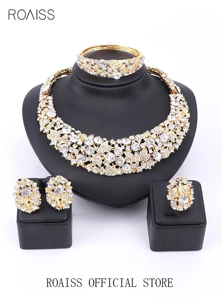 4-Piece Full Rhinestone Bride Wedding Wear Jewelry Set Necklace with Diamonds Bracelet Earrings Ring for Women Golden