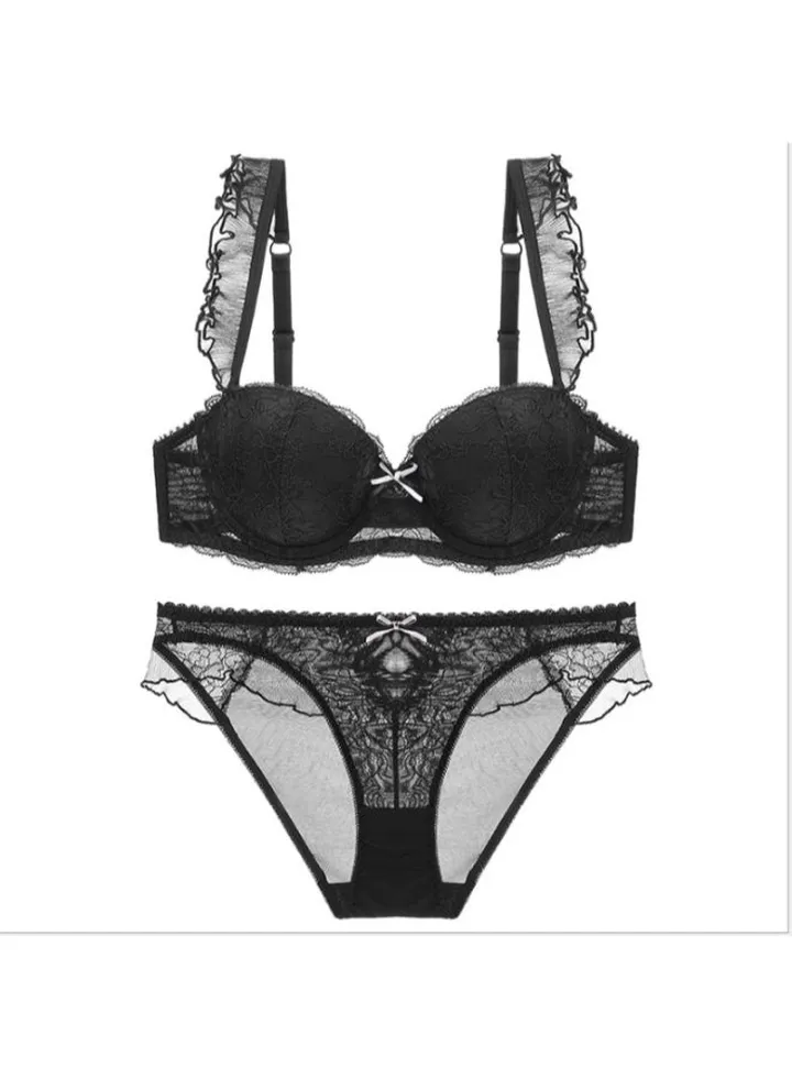 Casual Lace Detail Bra And Brief Set Black