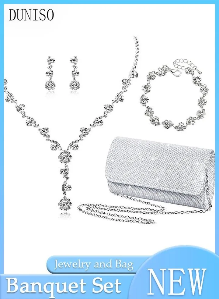 4 Pcs Silver Rhinestone Jewelry Set for Women Glitter Evening Clutch Envelope Purse Wavy Design Necklace Earrings Bracelet Set for Ladies Dinner Party Date Wedding