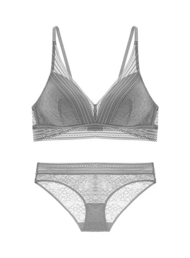 Solid Lace Detail Bra And Panty Grey