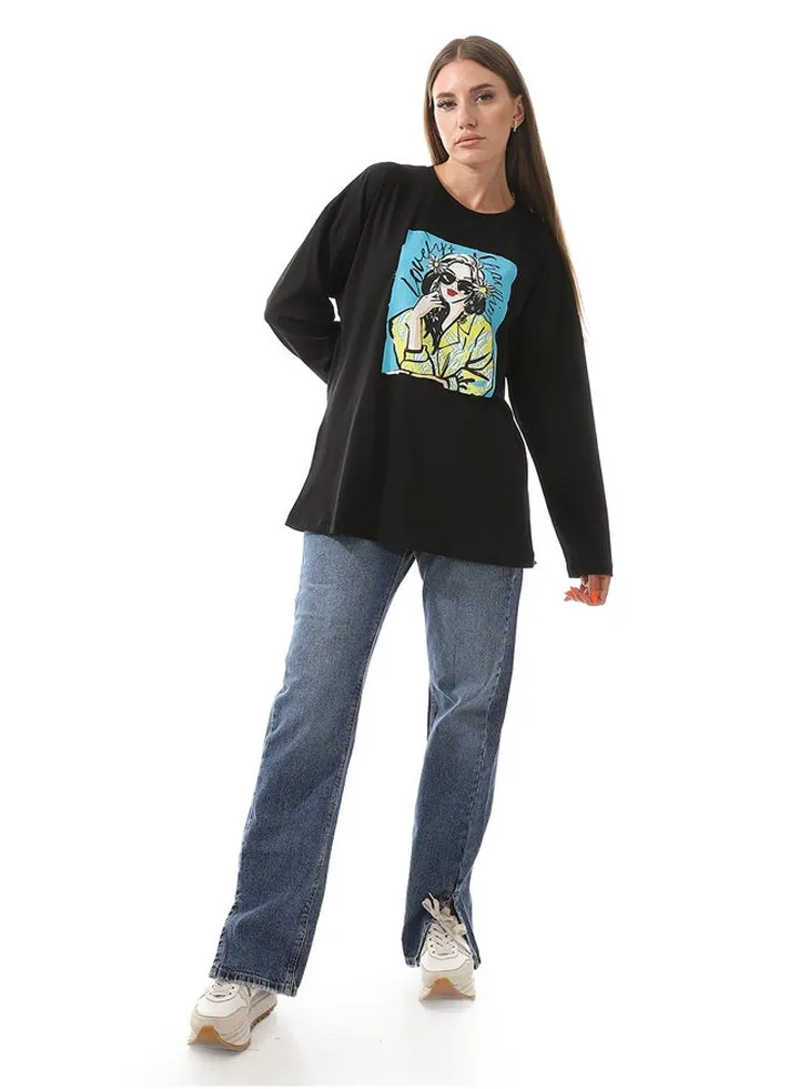 Black Long Comfy Printed T-Shirt_Black