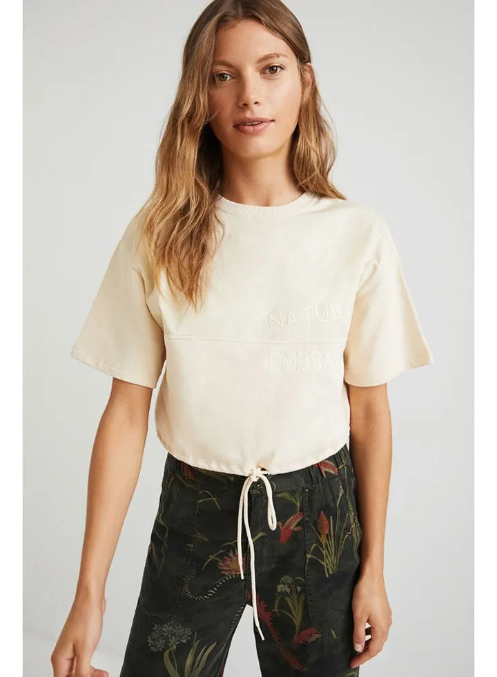 Casual Printed Short Sleeve T Shirt Beige