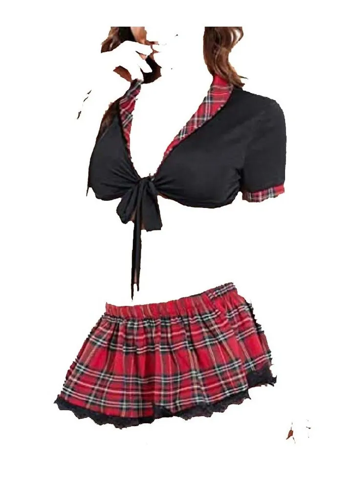 Women Tie Front Crop Top And Lace Trim Plaid Skirt Lingerie Set