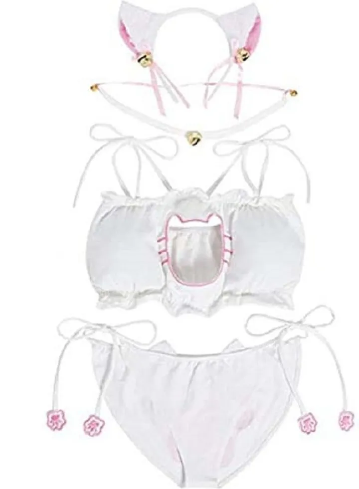 Women Cute Paw Printed Underwear And Accessories Costume Playing Night Wear Camisoles Lingerie Set