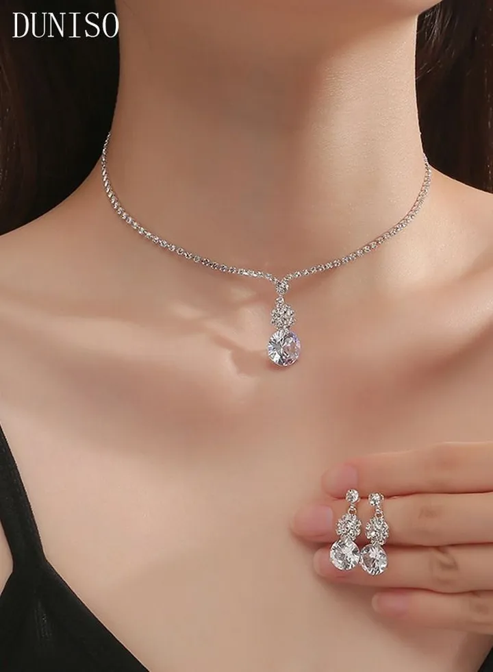 2pieces Jewelry Set With Necklace and Earring Crystal Bridal Wedding Jewelry Set Bridesmaid Party Choker Necklace Water Drop Pendant Earrings Sets for Women and Girls