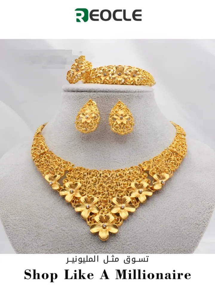 Women's 4 Pcs Flower Jewelry Set Elegant Crystal Necklace & Earrings & Bracelet & Ring Bridal Wedding Party Costume Jewelry Set for Ladies to Match Dress