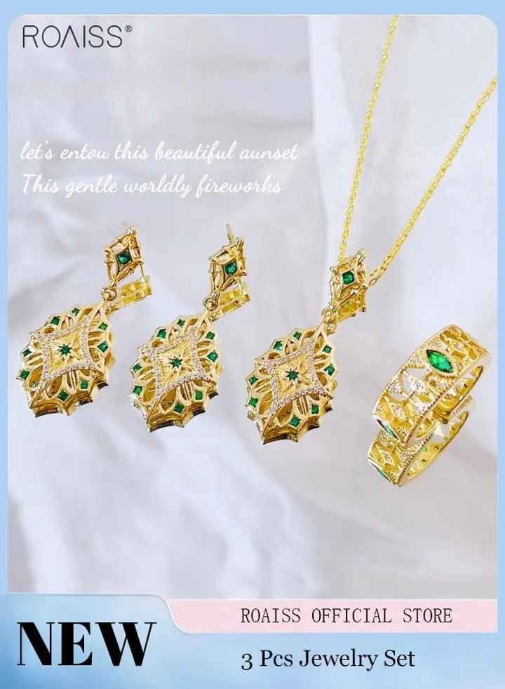 3-Piece Retro Palace Rhinestone Jewelry Set Fashion Earrings Rhinestone Necklace Adjustable Ring