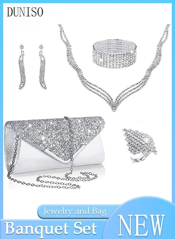 5Pcs Clutch Bag Rhinestone Jewelry Set with Necklace Earrings Bracelets Ring Rhinestone Purse Bag Glitter Evening Bag Wedding Bridal Bridesmaid Costume Jewelry Set for Women and Girls Dress Accessorie