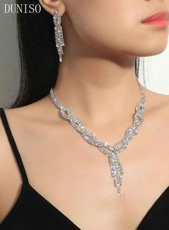 2Piece Necklace and Earrings Set Full Diamond V Neck Necklace Crystal Earrings Wedding Bridal Bridesmaid Costume Jewelry Set for Women and Girls Dress Accessories