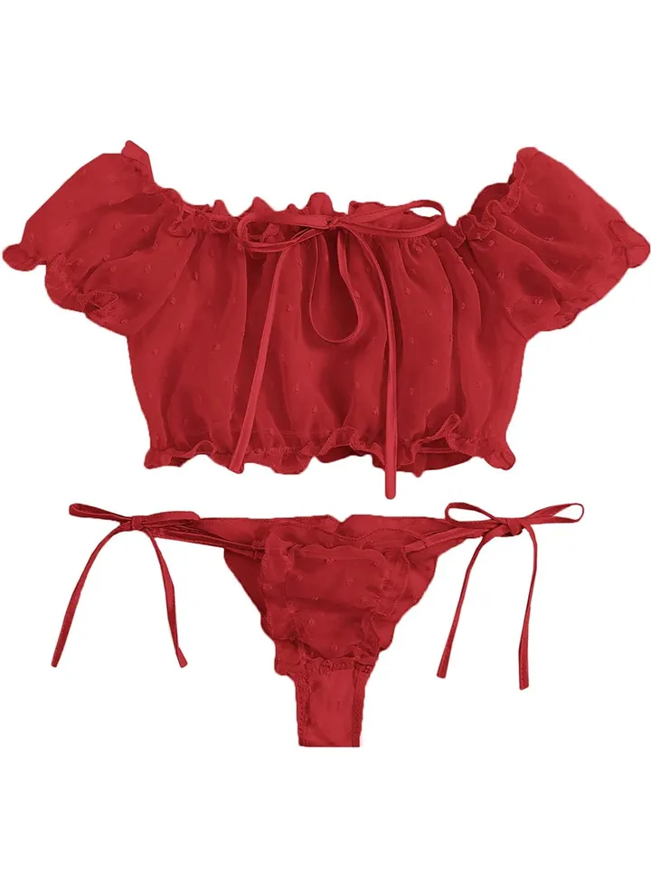 Women's Jacquard Lace Up Pleated Trim Underwear Set Bra and Underwear Red