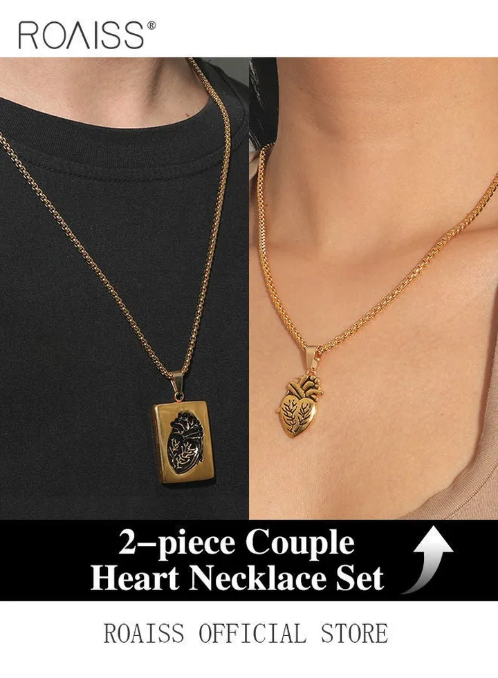 2 piece unisex Stainless Anatomical Necklace Heart Pendant Steel Men's Women's Accessory