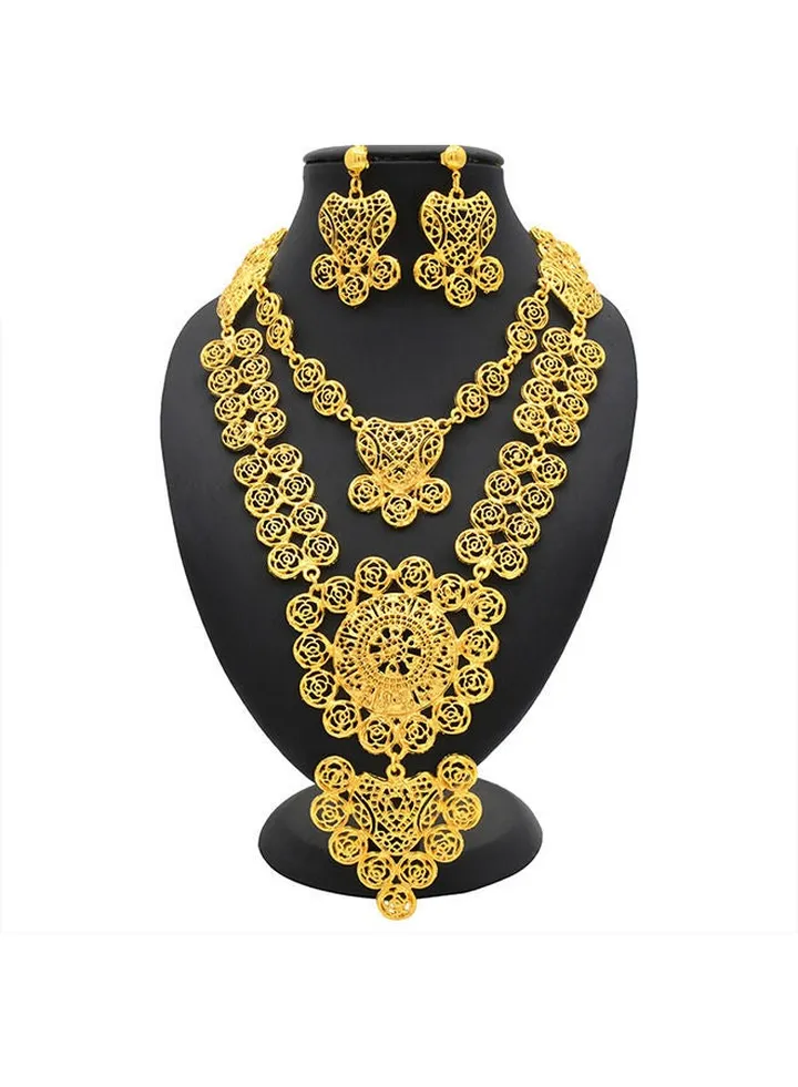Gold-plated Bride Wedding Wear Jewelry Set Luxury Flower Necklace Earrings for Women Golden