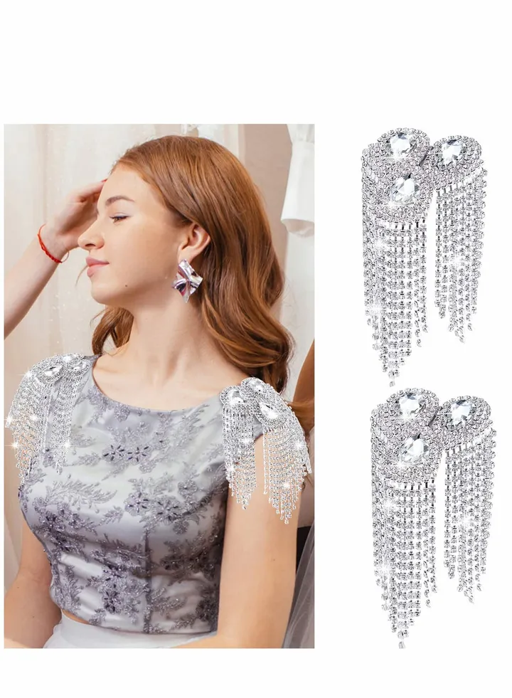 Rhinestone Tassel Shoulder Epaulette Rhinestones Appliques Badge Decor for Women DIY Jacket Clothes Accessories(Silver)