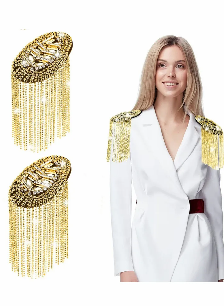 Rhinestone Tassel Shoulder Epaulette Rhinestones Appliques Badge Decor for Women DIY Jacket Clothes Accessories(Gold)