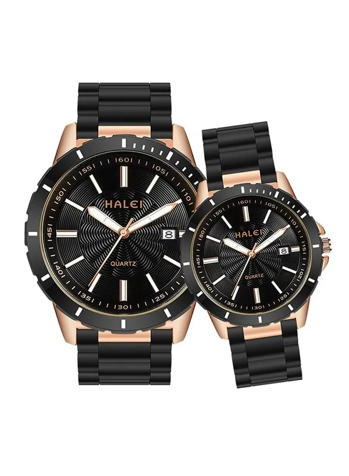 HALEI Harley Stainless Steel Couple Pair Quartz Watches Dial 44mm/35mm Black