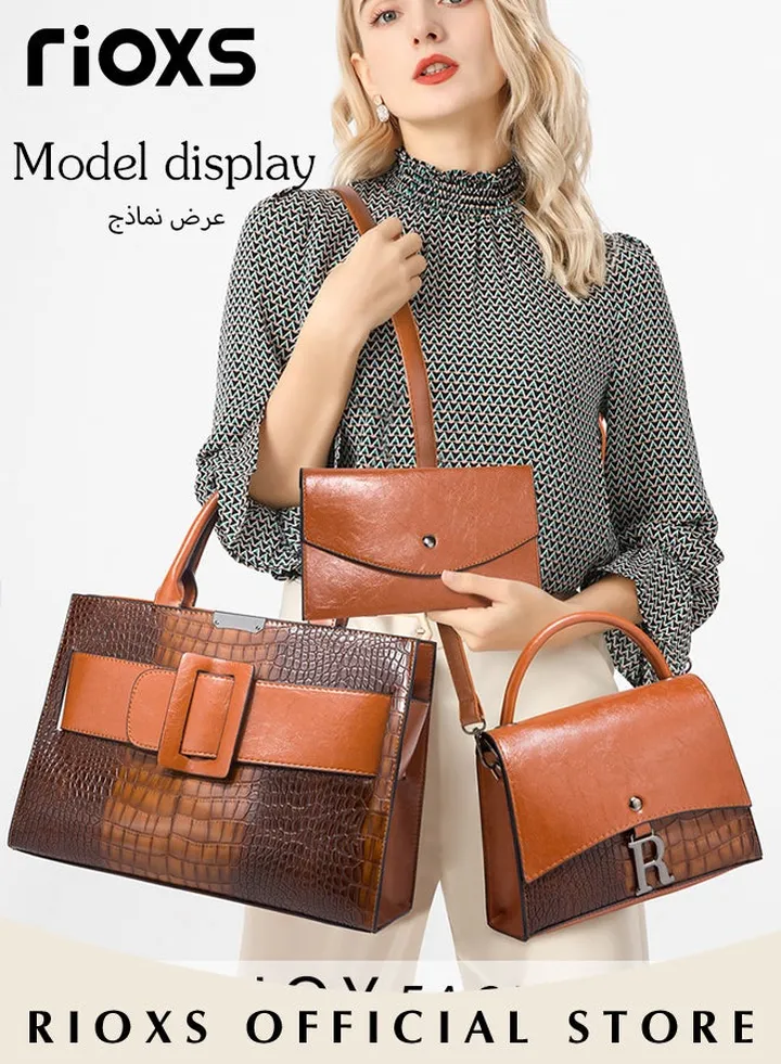 3 pcs Women Fashion Bags Large Capacity Satchel Purses for Women Crocodile Patent Leather Tote Bag and Square Buckle Handbag