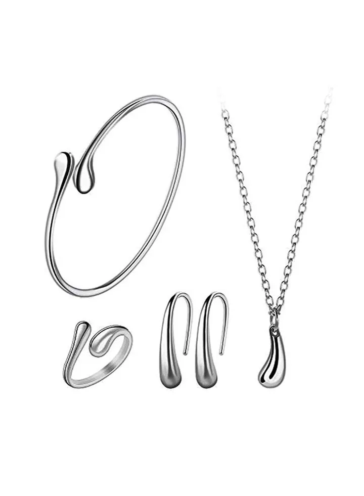 925 Sterling Silver Plated Water Drops Pendant Necklace Earrings Ring And Bracelet Set