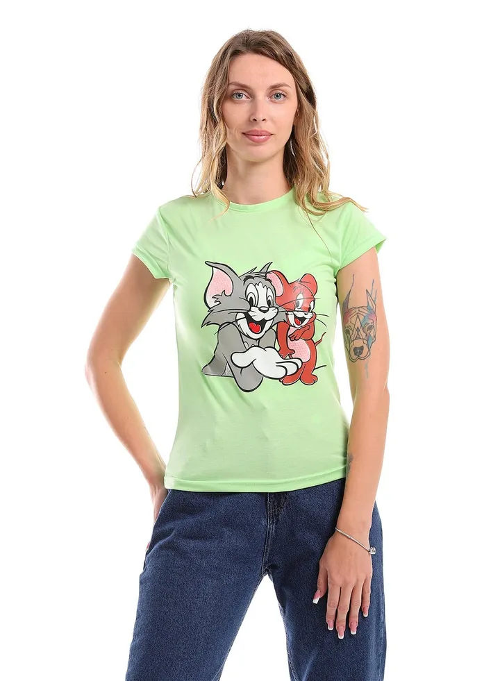 Printed Cotton Tom & Jerry Half Sleeves T-Shirt - Green