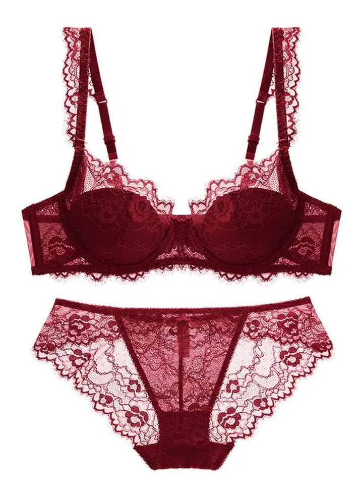 Solid Color Thin Cup 3/4 Cup Lace Bra Panty Set Wine Red