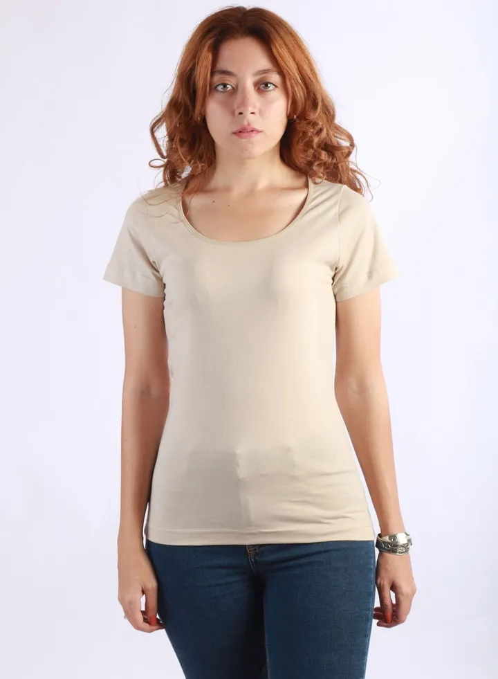 Women Underwear Shirt Round Neck And Half Sleeve - Beige