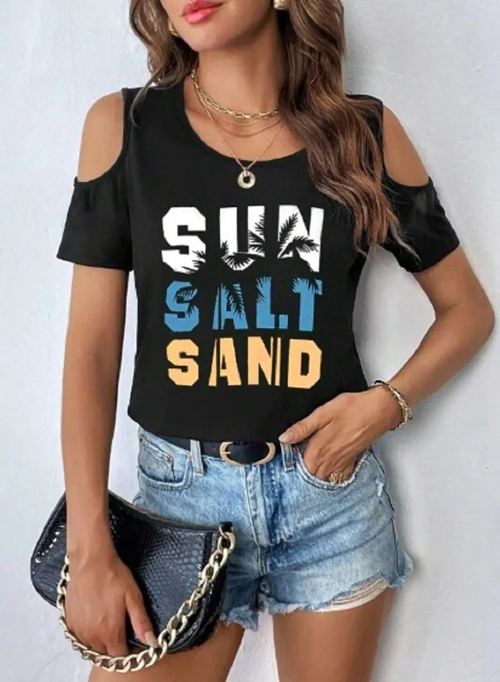 shein black t shirt women shoulder
