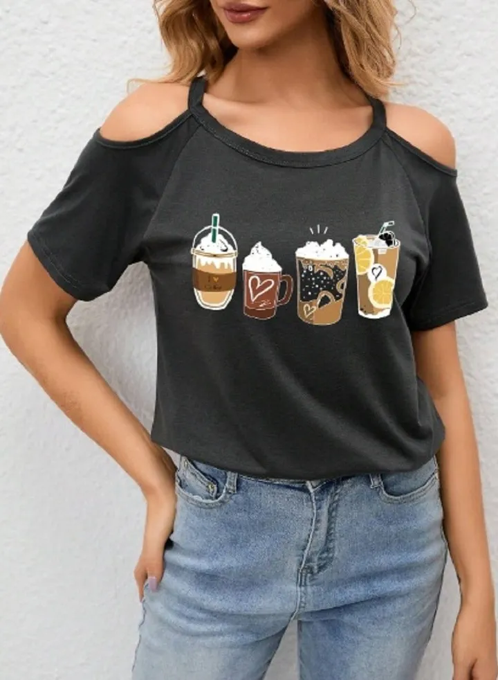 SHEIN LUNE Cartoon Graphic Cold Shoulder Tee Dark Grey