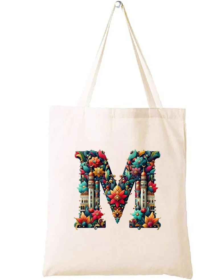 Initial Monogram Tote Bag - Cotton Tote with Initial Design Printed - Perfect for School, Travel and Birthday Gift - Eco-Friendly Canvas Cotton Tote Bag for Women - Gift for Ramadan