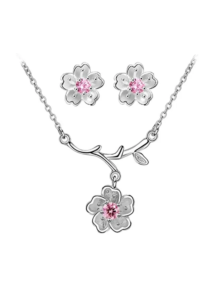 Brass Cubic Zirconia Studded Pendant Necklace And Earrings Set
