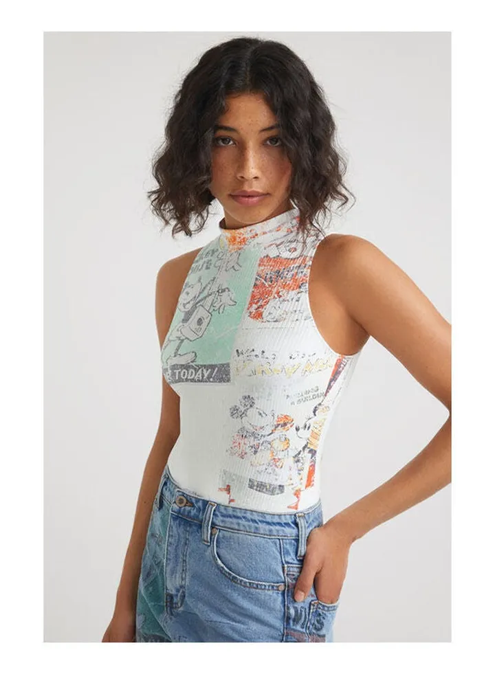 Casual Printed Sleeveless High Neck T_Shirt White