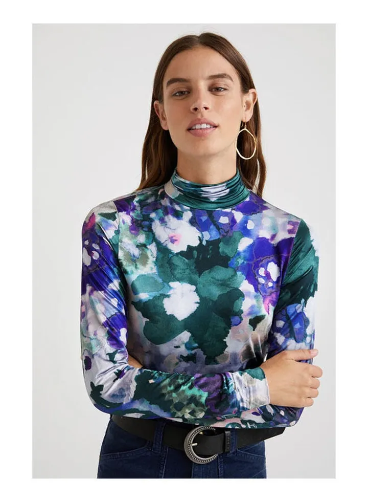 Casual Floral Long Sleeve High Neck T_Shirt Navy
