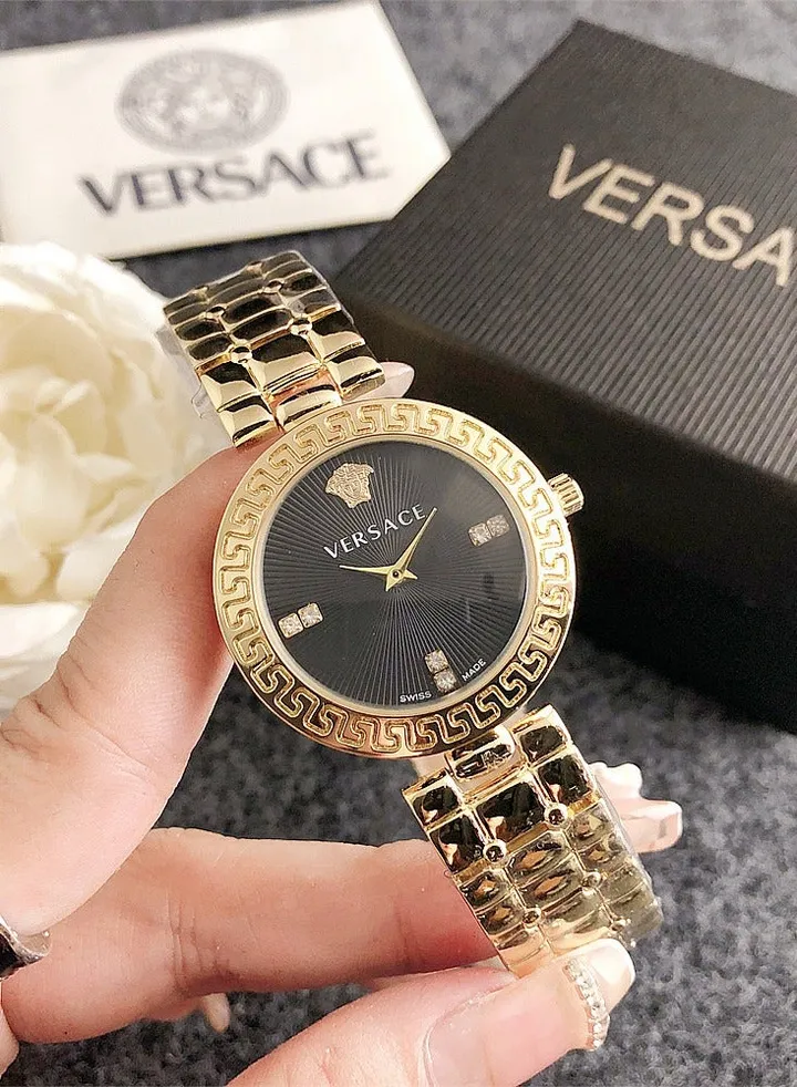 Versace Women's Cubic Zirconia Classic Fashion Versatile Round Quartz Watch with Gold Stainless Steel Strap and Black dial 33mm Gift