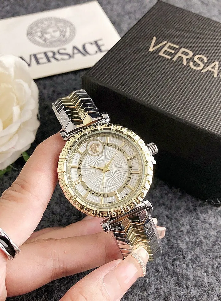 Versace Women's Cubic Zirconia Classic Fashion Versatile Round Quartz Watch with Gold and Silver Spliced Stainless Steel Strap 37mm Gift