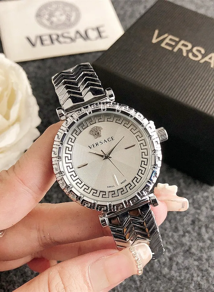 Versace Women's Cubic Zirconia Classic Fashion Round Quartz Watch with Silver Stainless Steel Strap and Silver dial 37mm Gift
