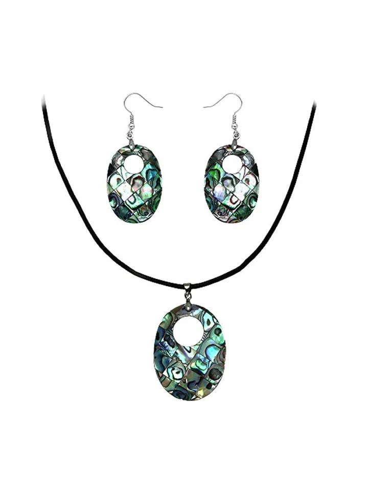 Rhodium Plated Leather Cord Necklace And Earrings Set